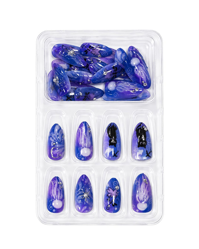Purple Blue Black Cat Press On Nails | Mystic Halloween Style | Reusable Nail Set