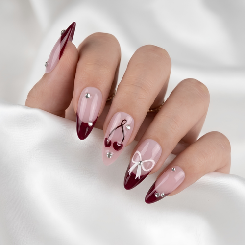 Almond Red Cherry Bow Press On Nails with Diamond Charms | Coquette Style | Reusable Nail Set