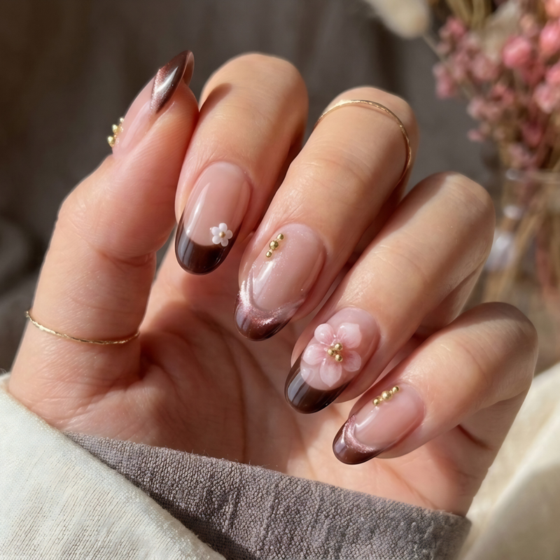 Red Brown Cat Eye Daisy Press On Nails | Elegant Floral Style | Reusable Nail Set