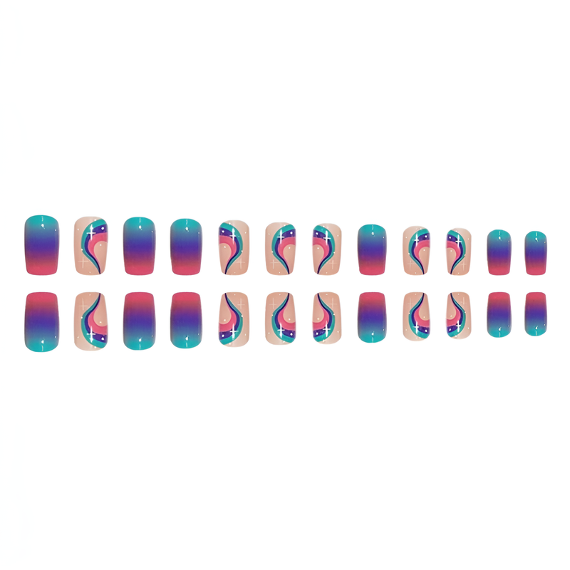 Rainbow Star Square French Press On Nails | Cute Y2K Style | Reusable Nail Set