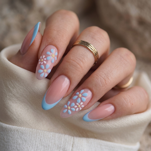 Oval Blue Floral French Press On Nails | Romantic Garden Style | Reusable Nail Set