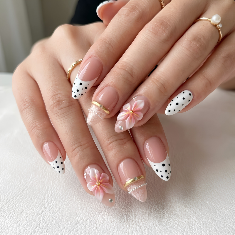 3D Gold Leaf French White Press On Nails | Elegant Minimalist Style | Reusable Nail Set