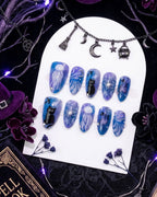 Purple Blue Black Cat Press On Nails | Mystic Halloween Style | Reusable Nail Set