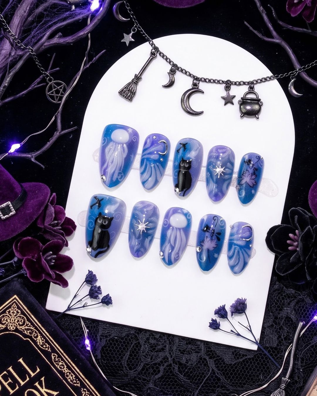 Purple Blue Black Cat Press On Nails | Mystic Halloween Style | Reusable Nail Set