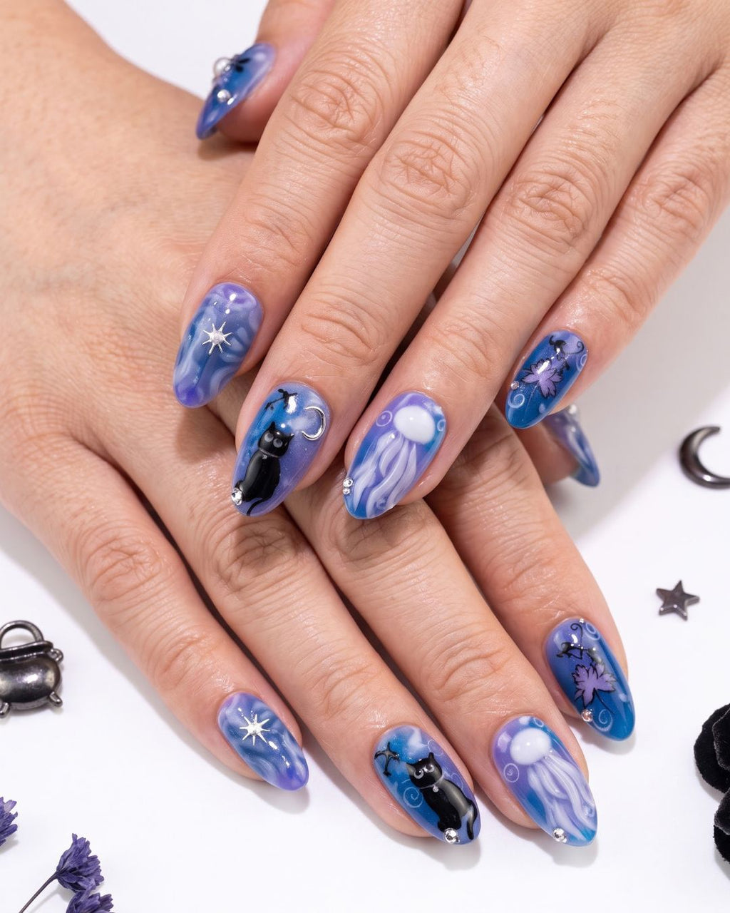 Purple Blue Black Cat Press On Nails | Mystic Halloween Style | Reusable Nail Set