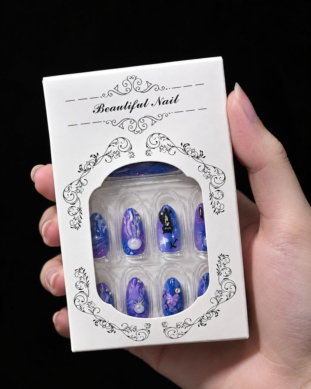 Purple Blue Black Cat Press On Nails | Mystic Halloween Style | Reusable Nail Set