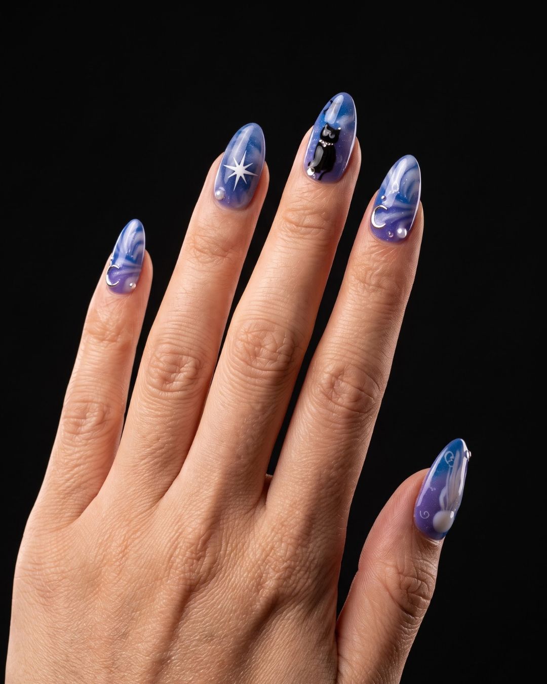 Purple Blue Black Cat Press On Nails | Mystic Halloween Style | Reusable Nail Set