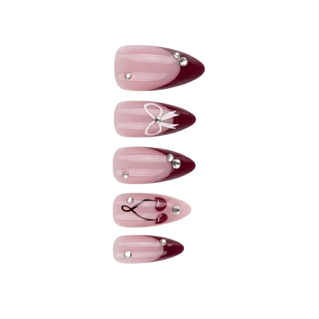 Press-on-nail Almond Red Cherry Bow Press On Nails with Diamond Charms | Coquette Style | Reusable Nail Set 2