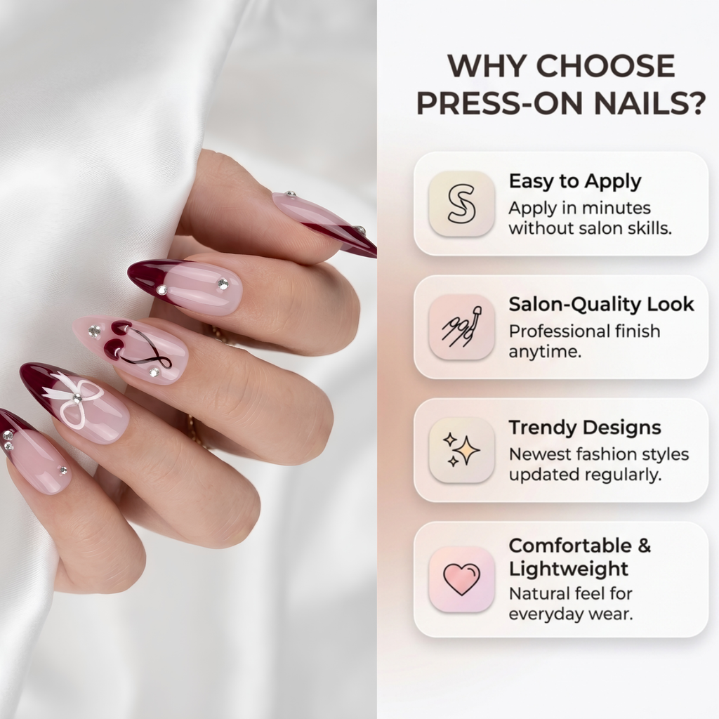 Press-on-nail Almond Red Cherry Bow Press On Nails with Diamond Charms | Coquette Style | Reusable Nail Set 5