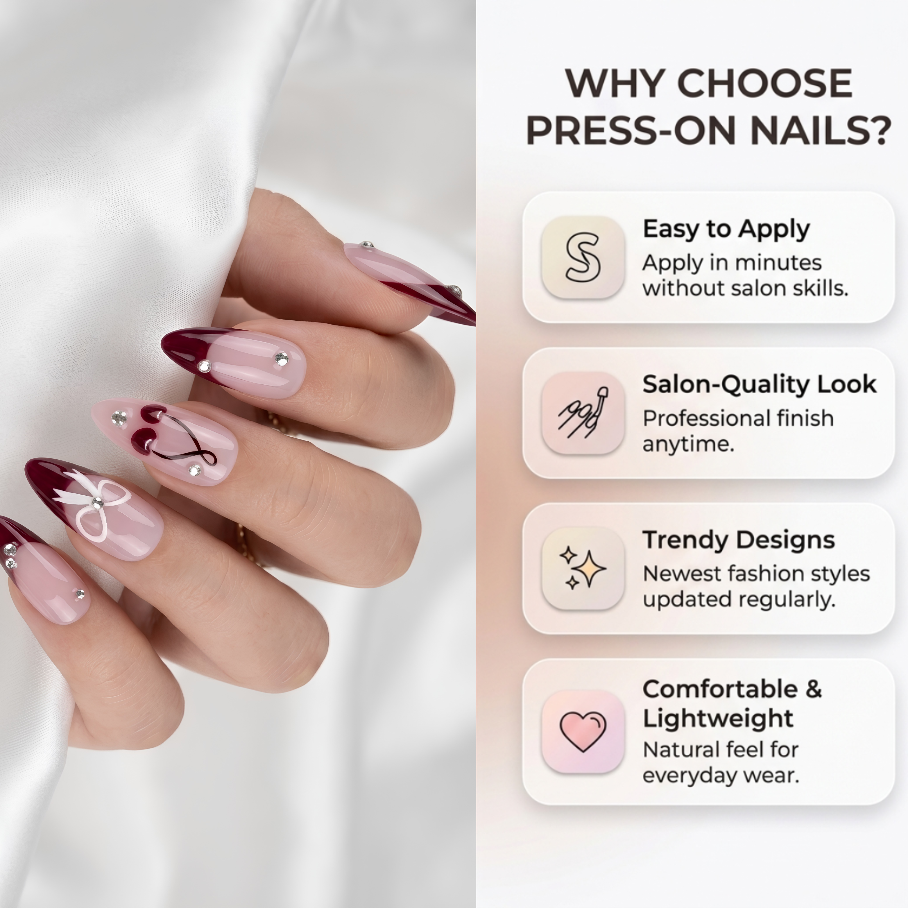 Red Almond French Manicure Cherry Diamond Sweet Bow