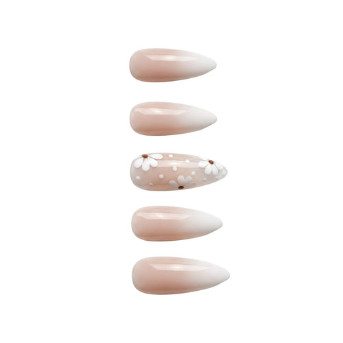Almond French Ombre Press On Nails with White Daisy Floral Accent | Clean Girl Cottagecore Style | Reusable Nail Set