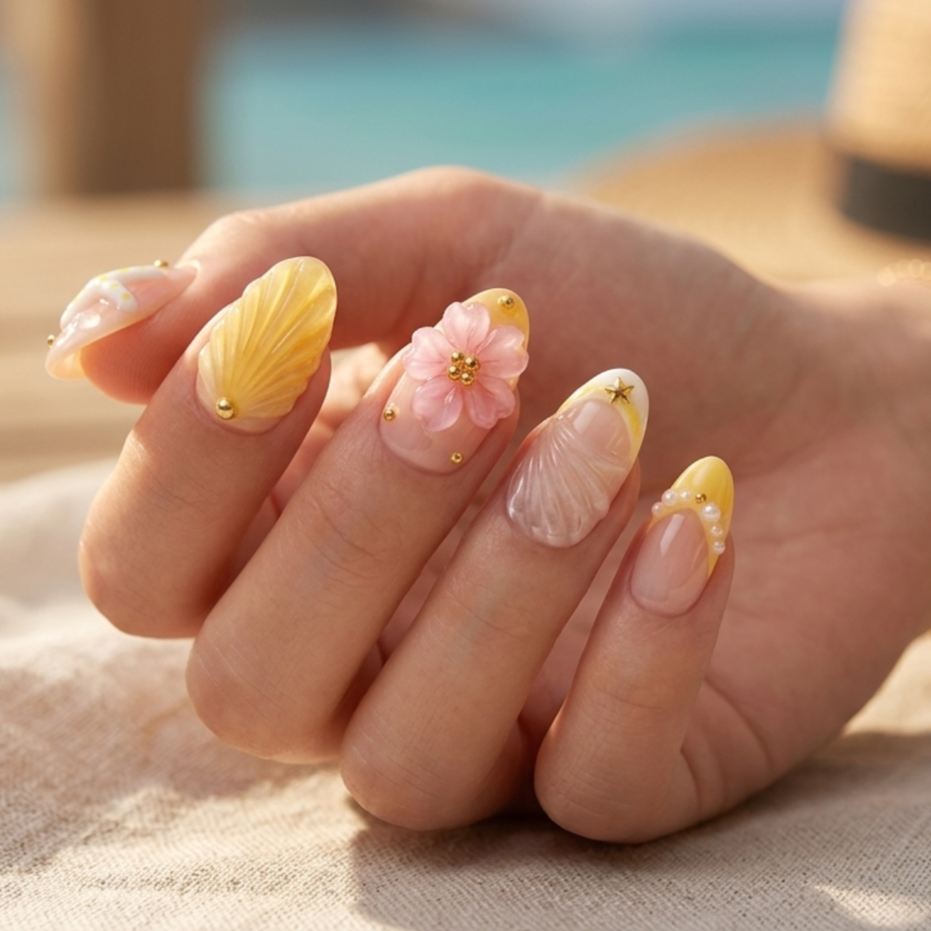 Almond Nail Art, Cat Eye Nail Art, Starfish Nail Art, French/American Style