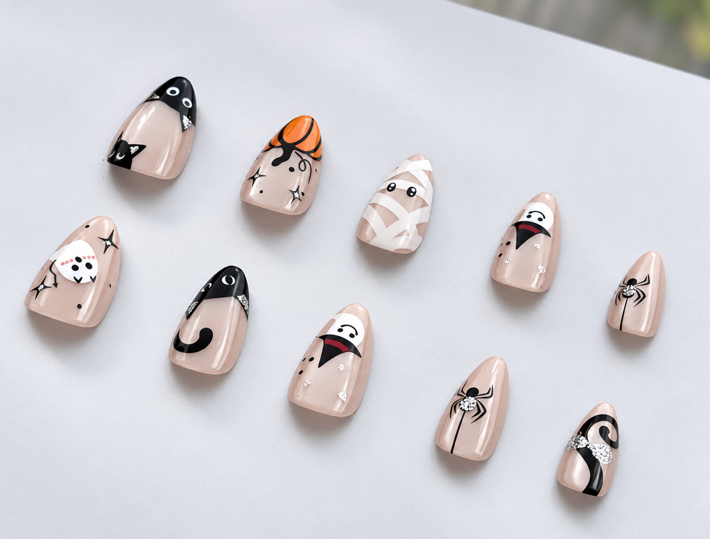 Short Almond Kawaii Halloween Black Cat & Pumpkin Press On Nails | Cute Spooky Aesthetic | Reusable Nail Set