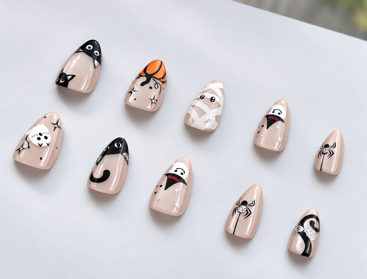 Short Almond Kawaii Halloween Black Cat & Pumpkin Press On Nails | Cute Spooky Aesthetic | Reusable Nail Set