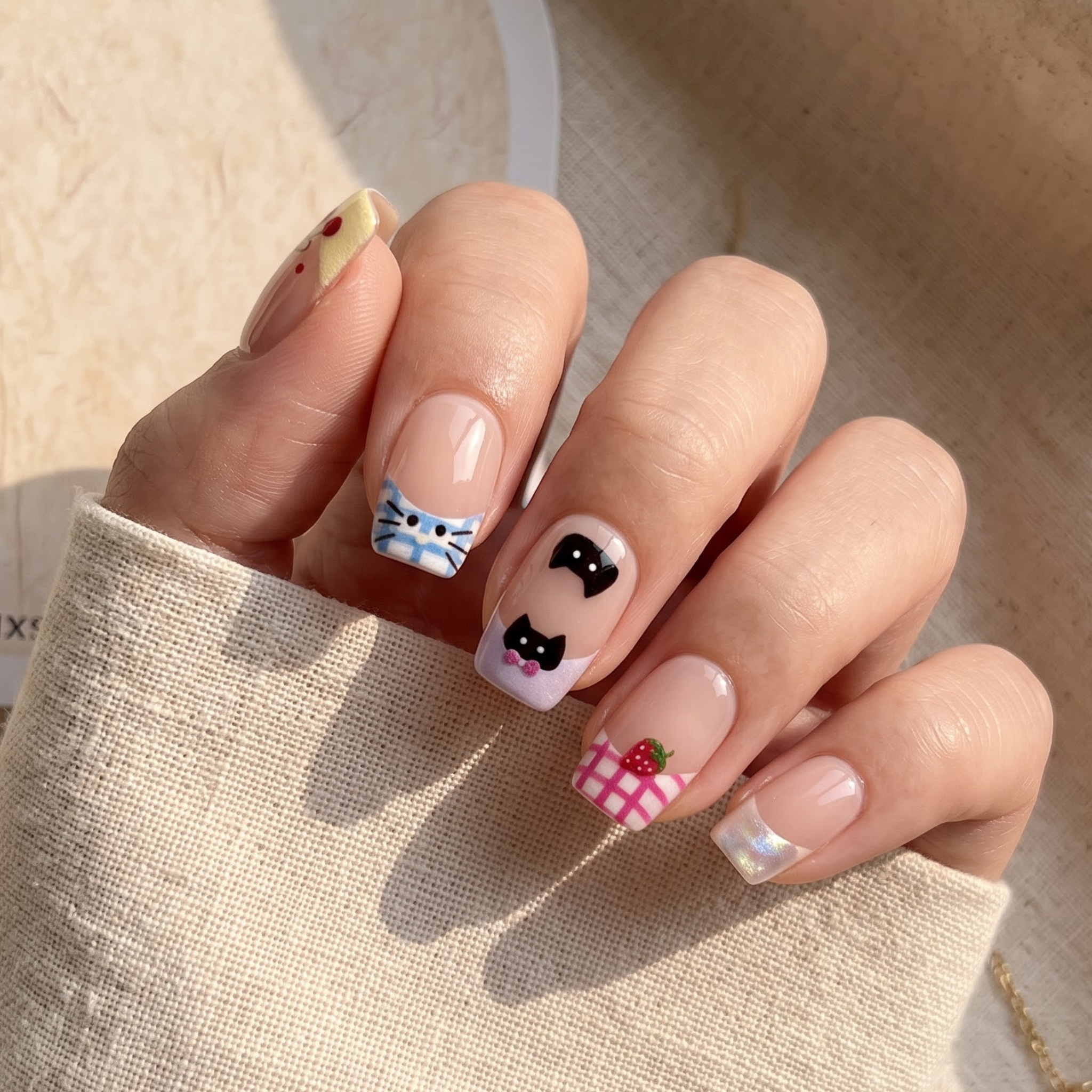 Short Square Kawaii Black Cat & Fruit French Press On Nails with Pastel Plaid | Cute Y2K Anime Aesthetic | Reusable Nail Set