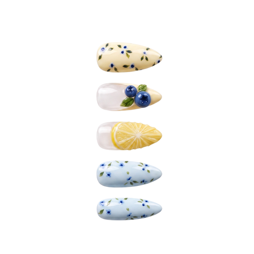 3D Sculpted Lemon & Blueberry Glossy Almond Press On Nails with White French Lace | Cottagecore Fruit Coquette Style | Reusable Nail Set