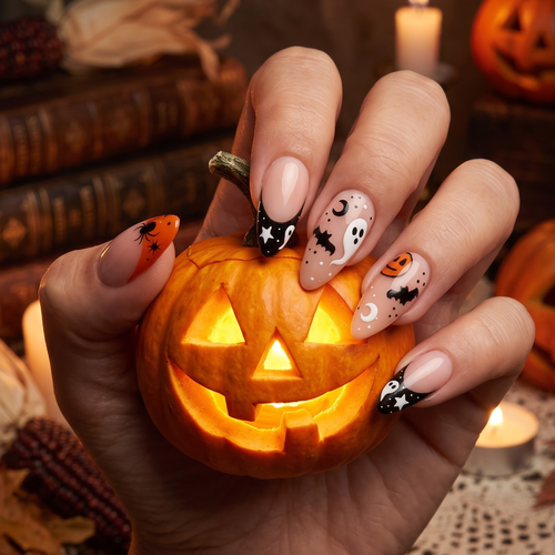 Almond Halloween Press On Nails with Cute Ghost Pumpkin & Bats Art | Spooky French Gothic Style | Reusable Nail Set