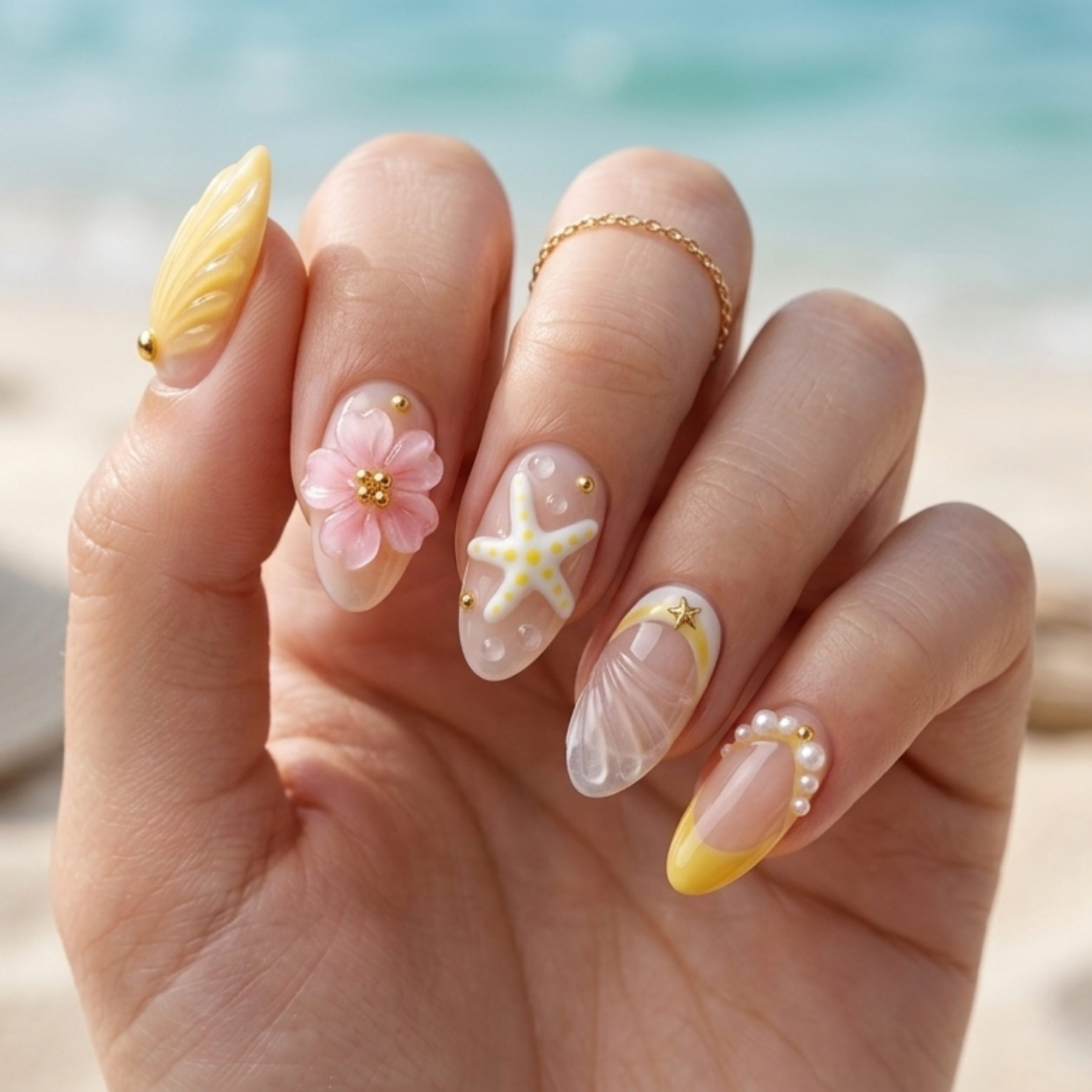 Almond Nail Art, Cat Eye Nail Art, Starfish Nail Art, French/American Style