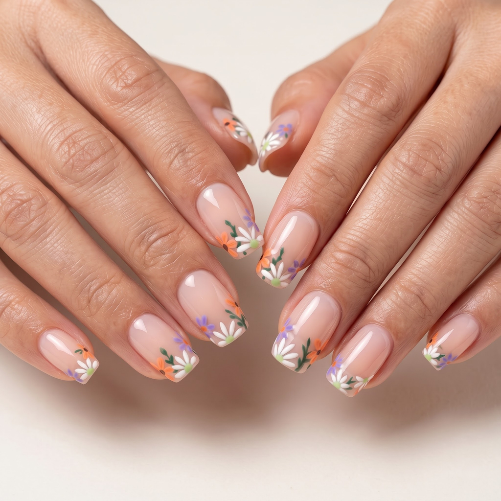 Press-on-nail Purple Spring Floral Jelly French Press On Nails | Fresh Floral Style | Reusable Nail Set 4