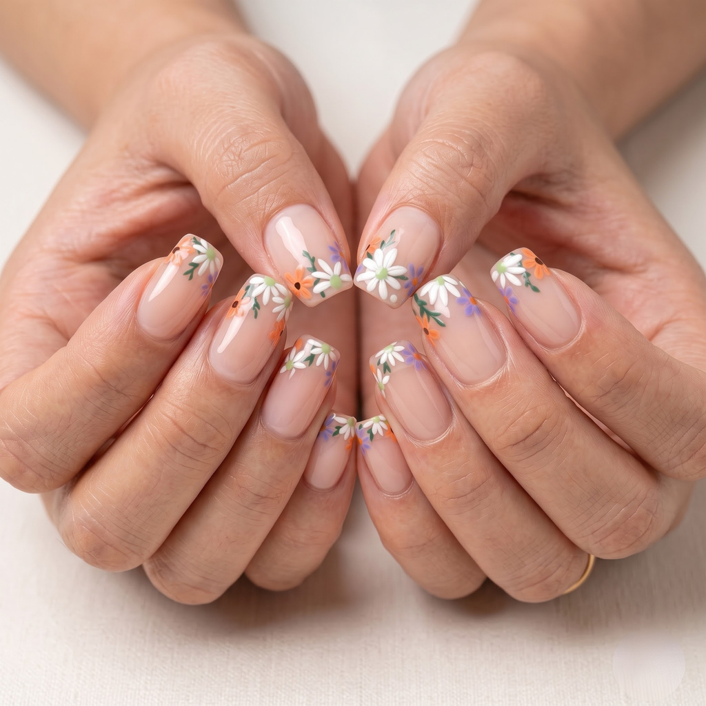 Press-on-nail Purple Spring Floral Jelly French Press On Nails | Fresh Floral Style | Reusable Nail Set 7