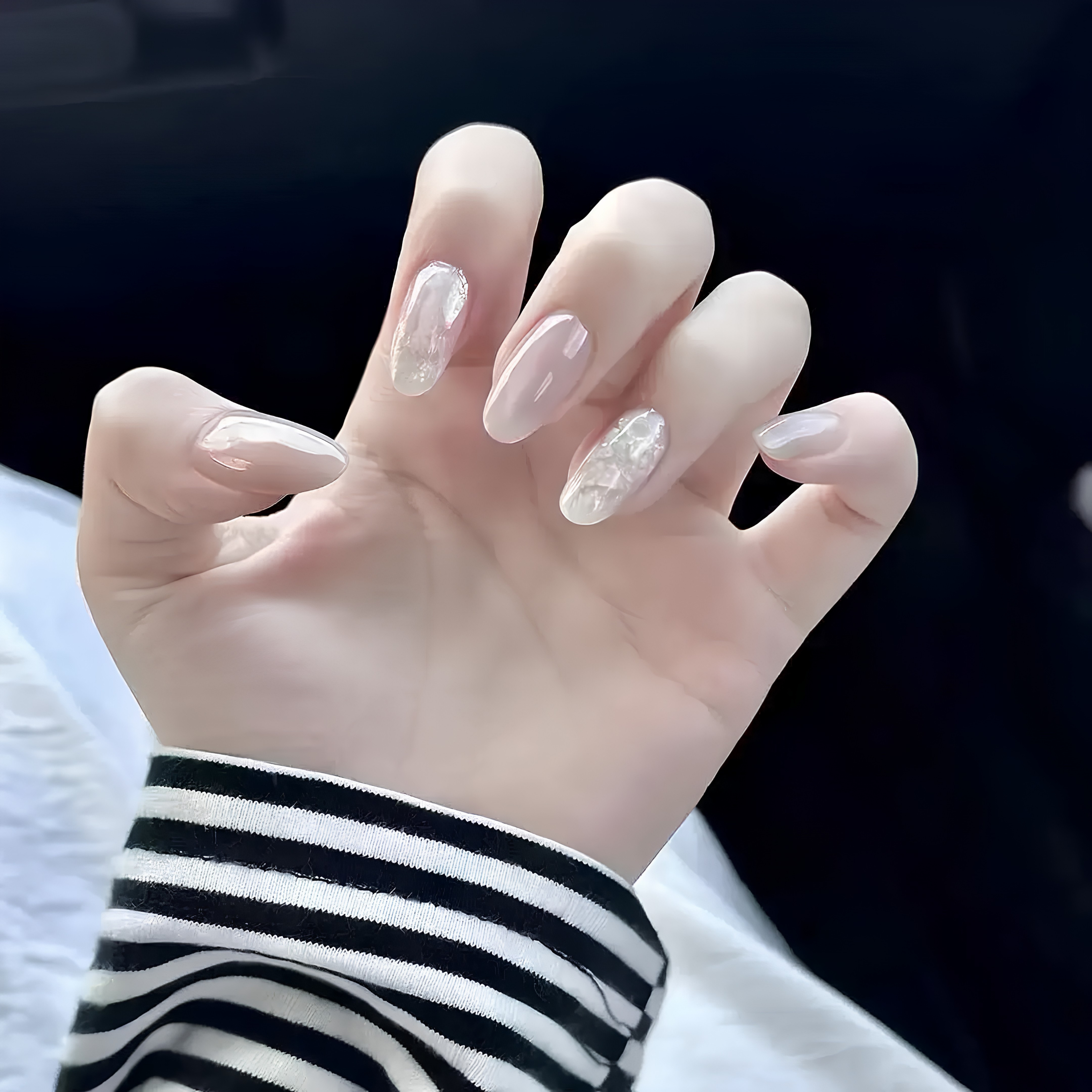 Short Almond Nude Beige & White Foil Marble Press On Nails | Clean Girl Quiet Luxury Minimalist Style | Reusable Nail Set