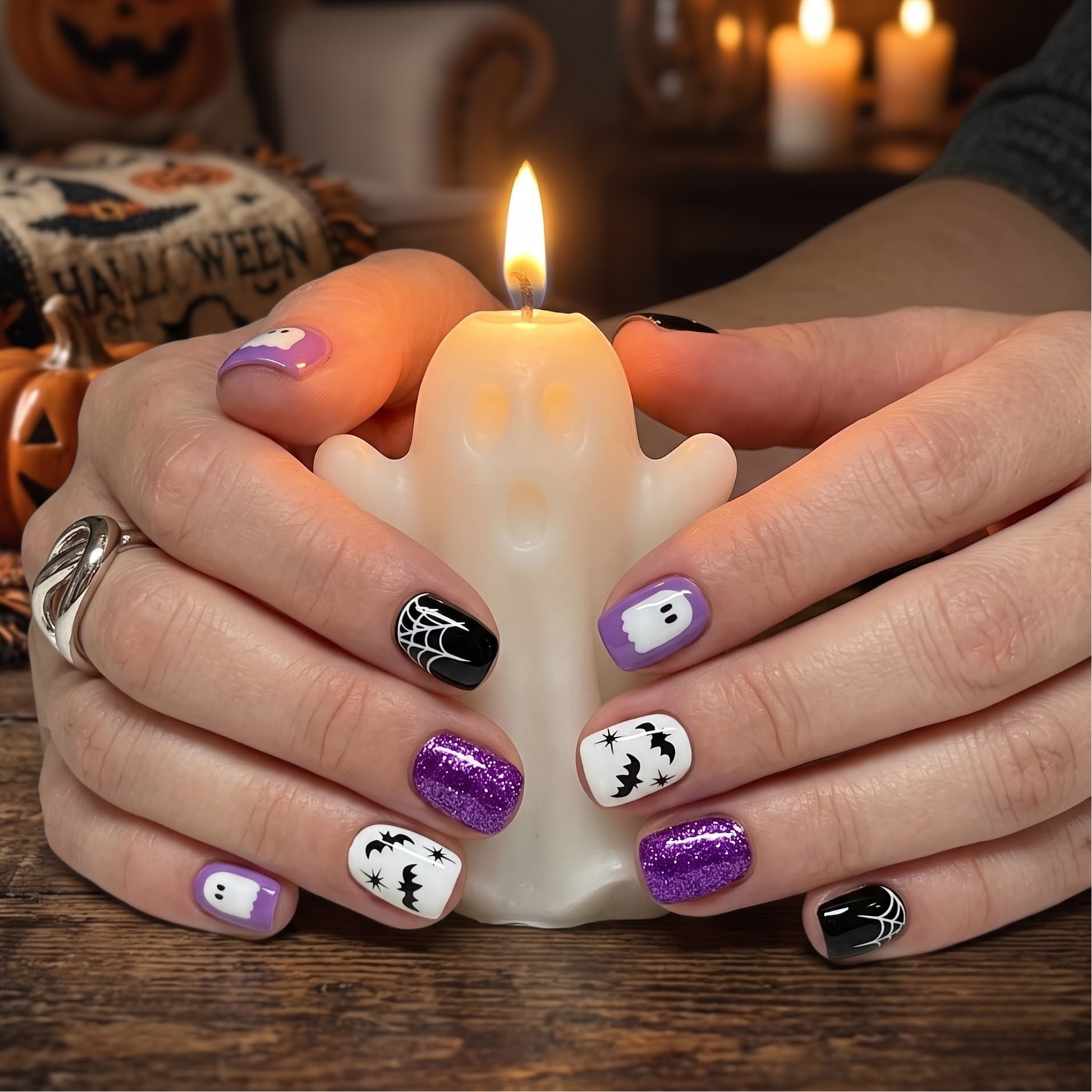 Press-on-nail Short Square Purple Glitter Halloween Press On Nails with Spider Web Ghost & Bats | Spooky Cute Gothic Style | Reusable Nail Set 3