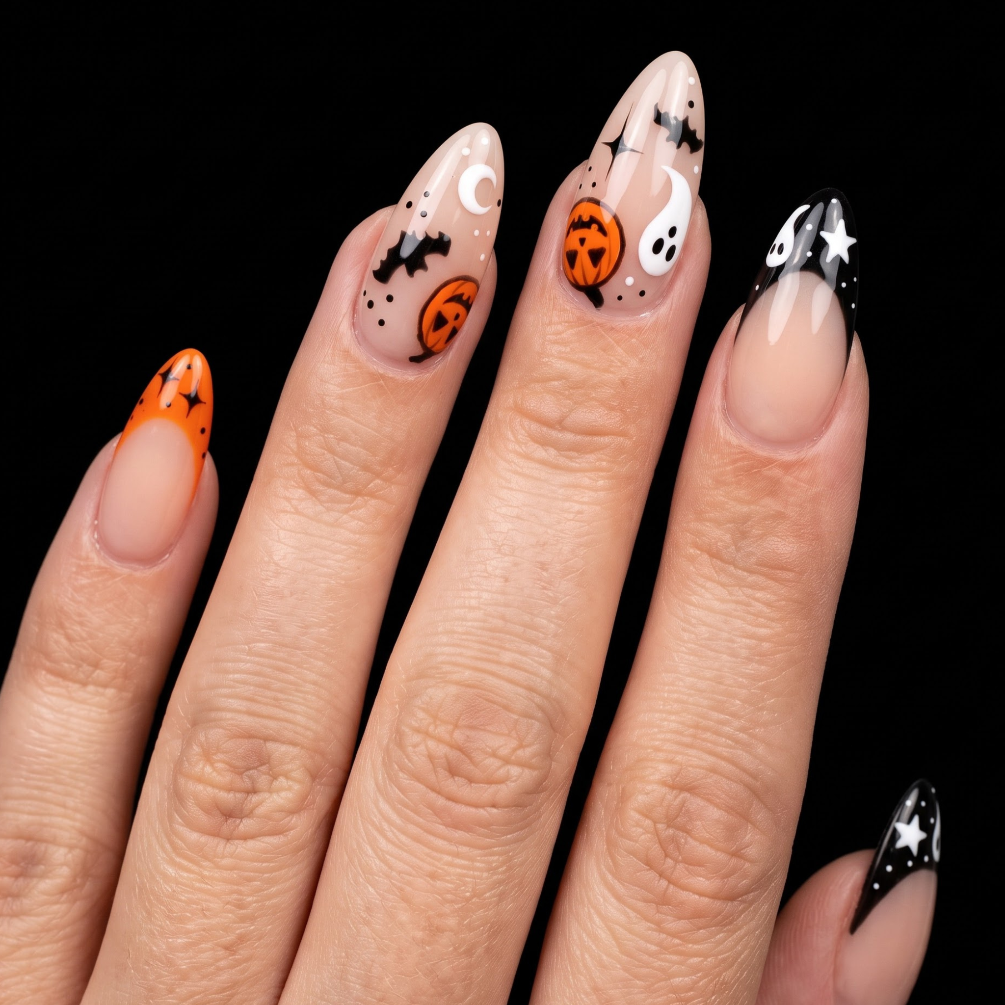 Almond Halloween Press On Nails with Cute Ghost Pumpkin & Bats Art | Spooky French Gothic Style | Reusable Nail Set