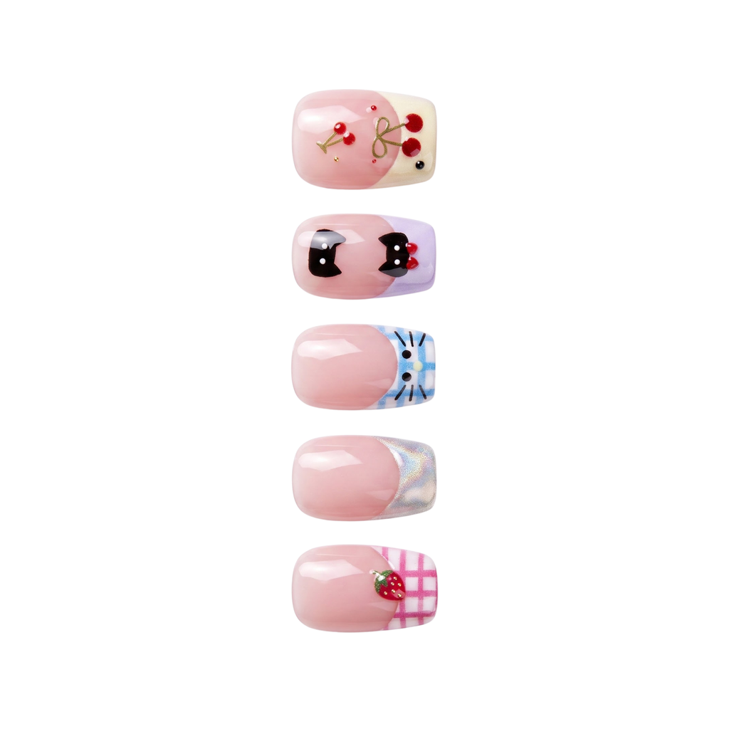 Press-on-nail Short Square Kawaii Black Cat & Fruit French Press On Nails with Pastel Plaid | Cute Y2K Anime Aesthetic | Reusable Nail Set 2