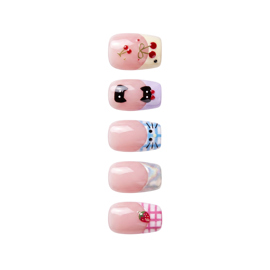Short Square Kawaii Black Cat & Fruit French Press On Nails with Pastel Plaid | Cute Y2K Anime Aesthetic | Reusable Nail Set - góc chụp 2