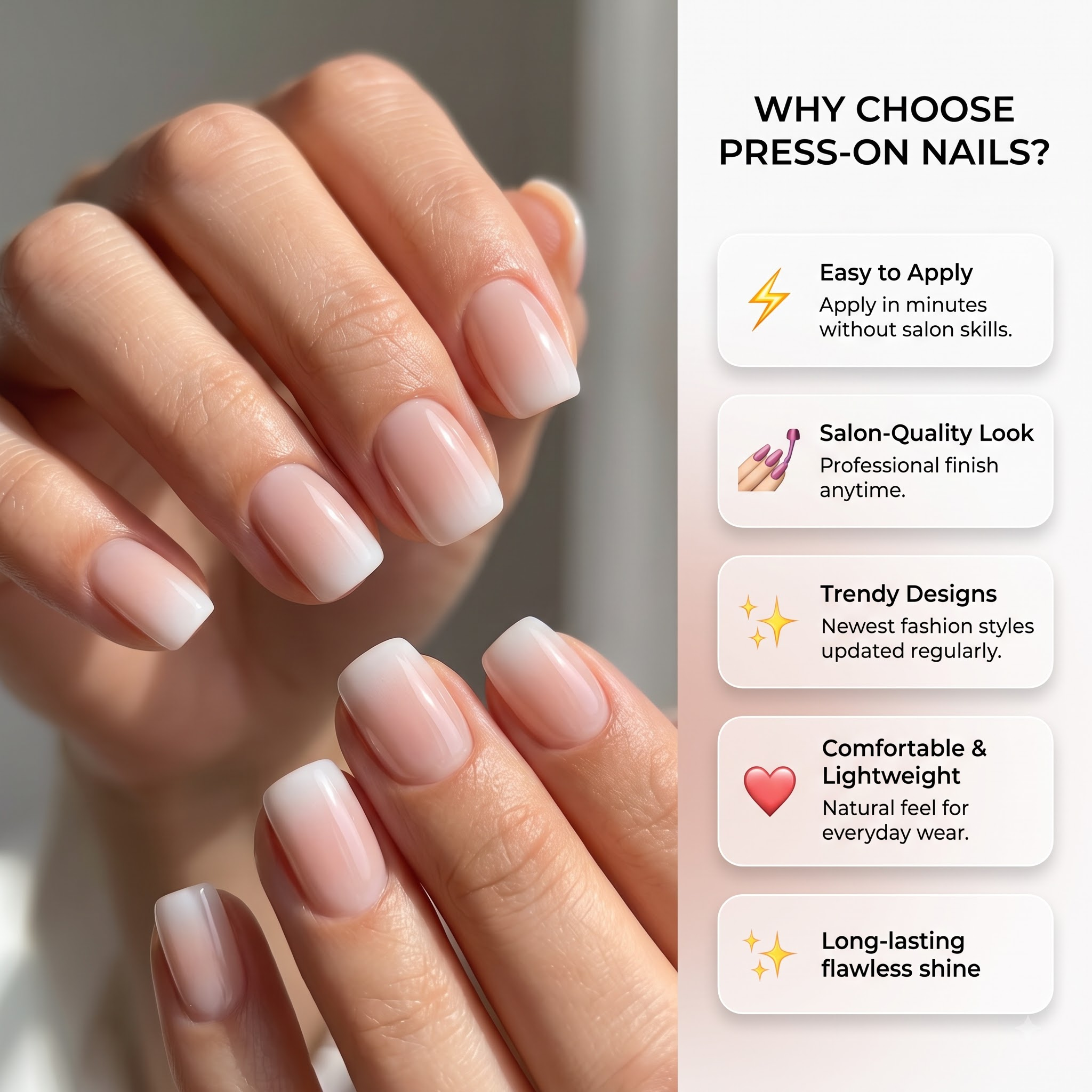 Short Square French Ombre Baby Boomer Press On Nails in Milky White & Pink | Clean Girl Minimalist Style | Reusable Nail Set