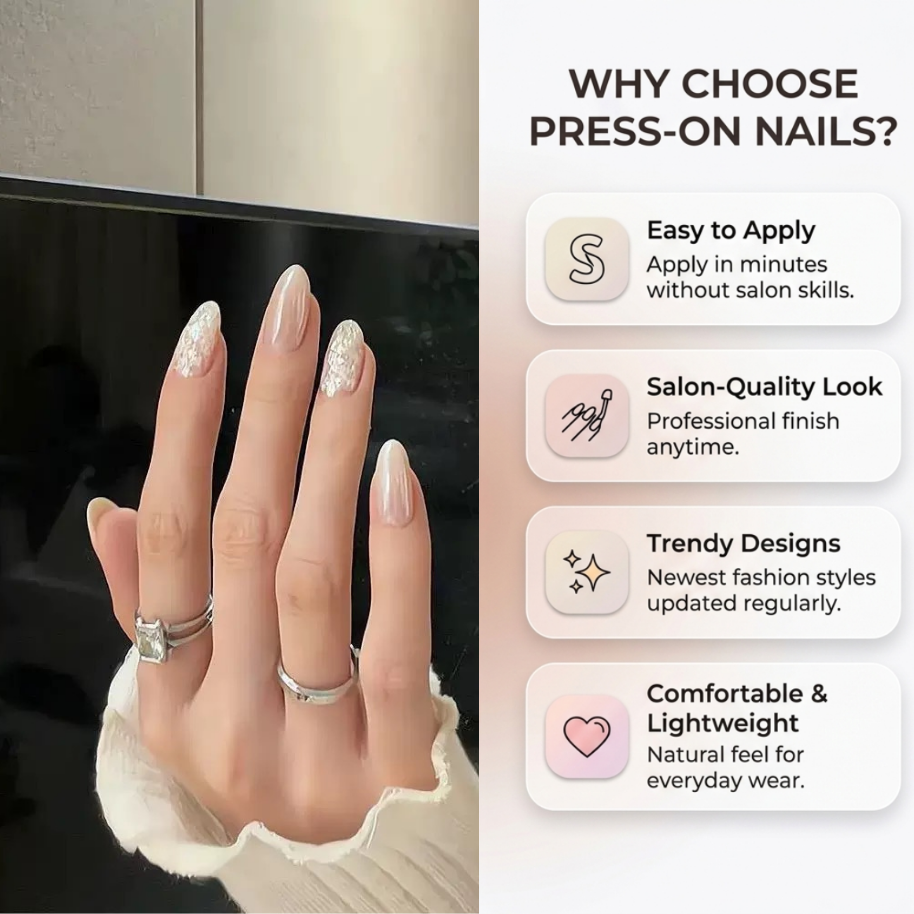 Short Almond Nude Beige & White Foil Marble Press On Nails | Clean Girl Quiet Luxury Minimalist Style | Reusable Nail Set