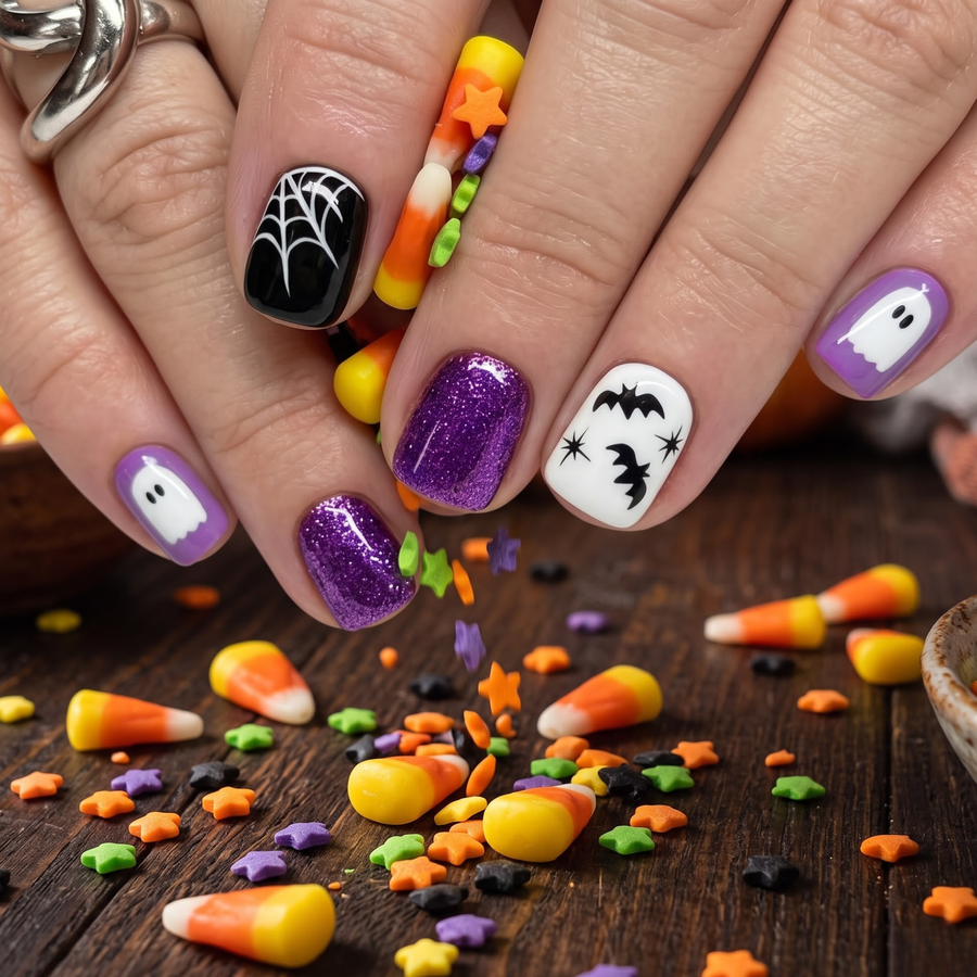 Short Square Purple Glitter Halloween Press On Nails with Spider Web Ghost & Bats | Spooky Cute Gothic Style | Reusable Nail Set - góc chụp 1