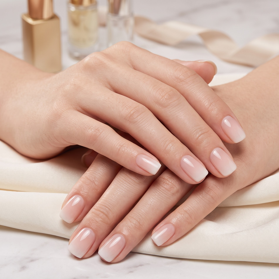 Short Square French Ombre Baby Boomer Press On Nails in Milky White & Pink | Clean Girl Minimalist Style | Reusable Nail Set - góc chụp 1