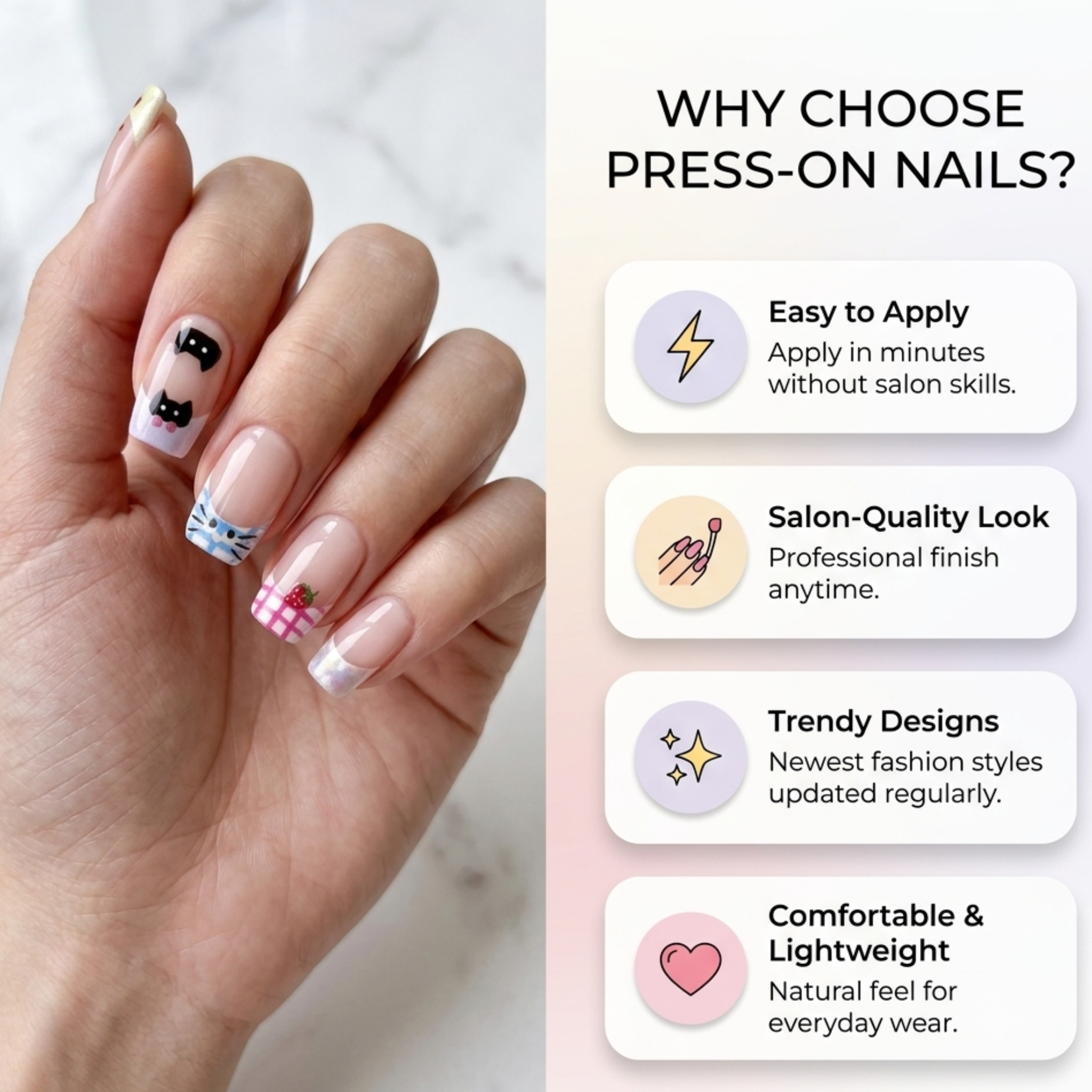 Short Square Kawaii Black Cat & Fruit French Press On Nails with Pastel Plaid | Cute Y2K Anime Aesthetic | Reusable Nail Set