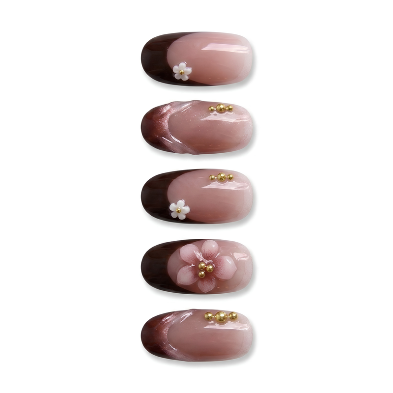 Red Brown Cat Eye Daisy Press On Nails | Elegant Floral Style | Reusable Nail Set