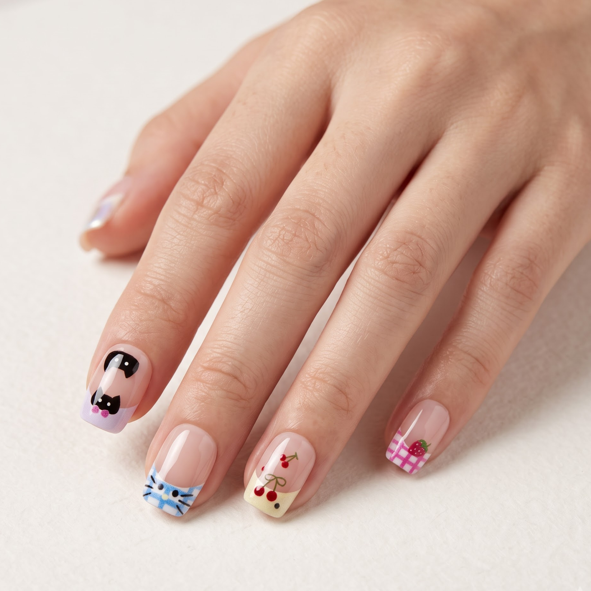Short Square Kawaii Black Cat & Fruit French Press On Nails with Pastel Plaid | Cute Y2K Anime Aesthetic | Reusable Nail Set
