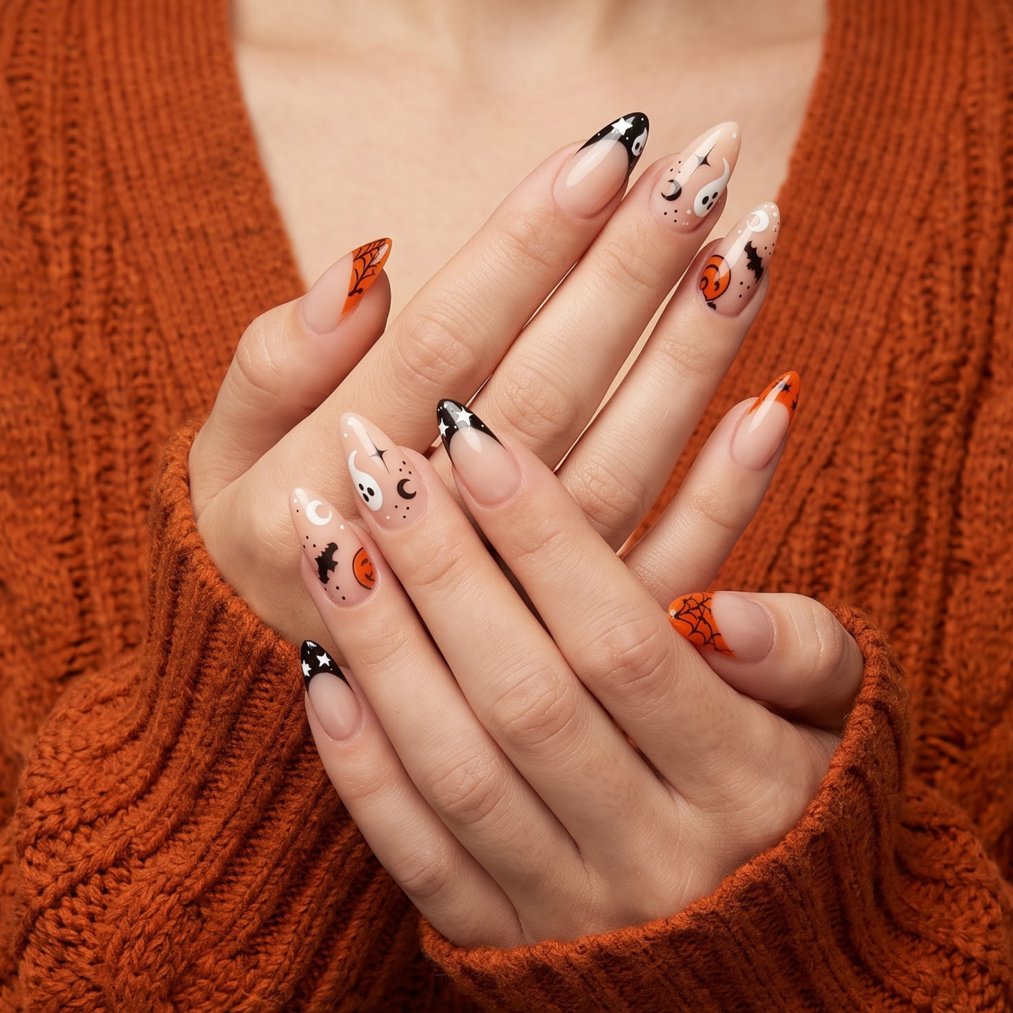 Almond Halloween Press On Nails with Cute Ghost Pumpkin & Bats Art | Spooky French Gothic Style | Reusable Nail Set
