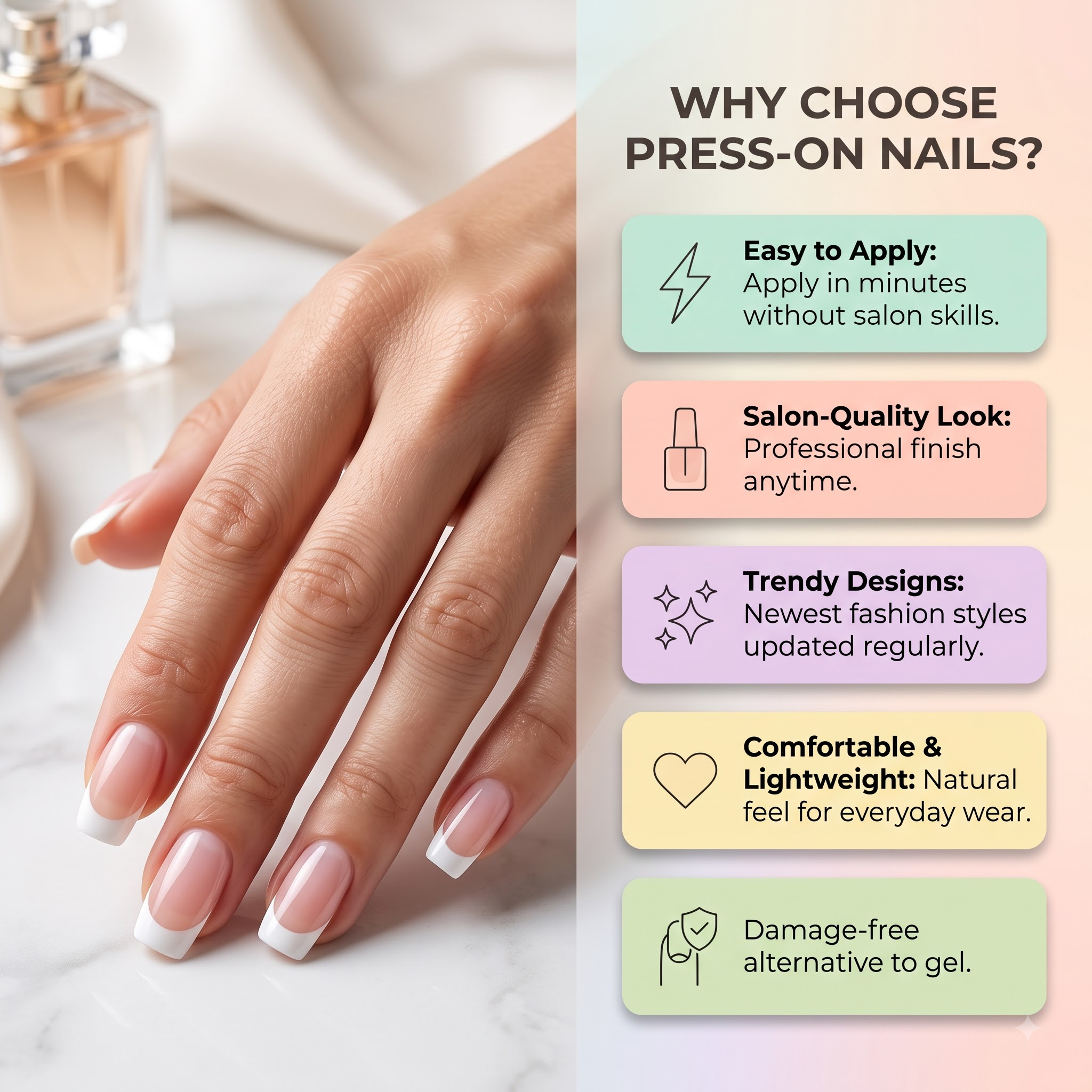 Classic French Tip Press On Nails in Pale Pink with White Tips | Timeless Elegant Style | Reusable Nail Set
