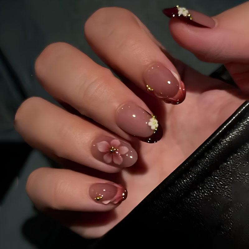 Red Brown Cat Eye Daisy Press On Nails | Elegant Floral Style | Reusable Nail Set