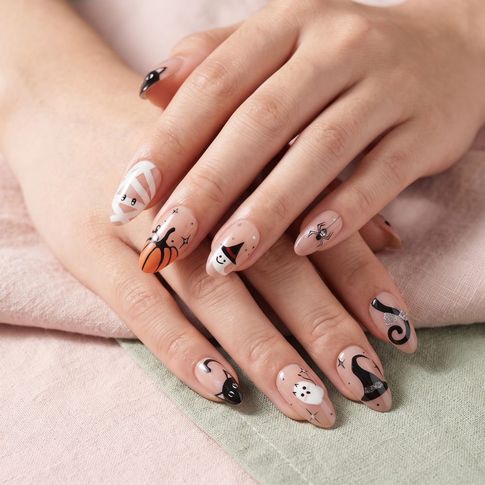 Press-on-nail Short Almond Kawaii Halloween Black Cat & Pumpkin Press On Nails | Cute Spooky Aesthetic | Reusable Nail Set 2
