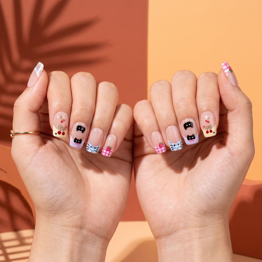 Short Square Kawaii Black Cat & Fruit French Press On Nails with Pastel Plaid | Cute Y2K Anime Aesthetic | Reusable Nail Set - góc chụp 3