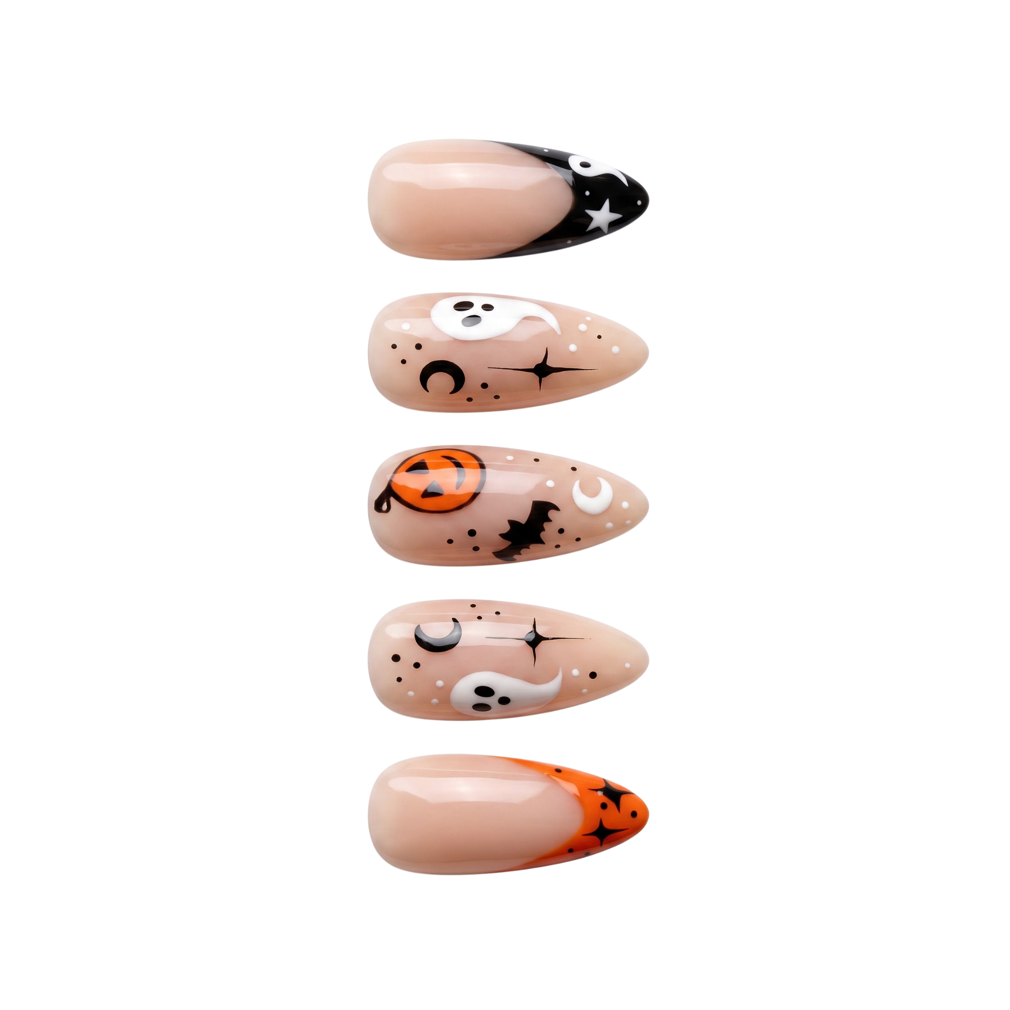 Almond Halloween Press On Nails with Cute Ghost Pumpkin & Bats Art | Spooky French Gothic Style | Reusable Nail Set