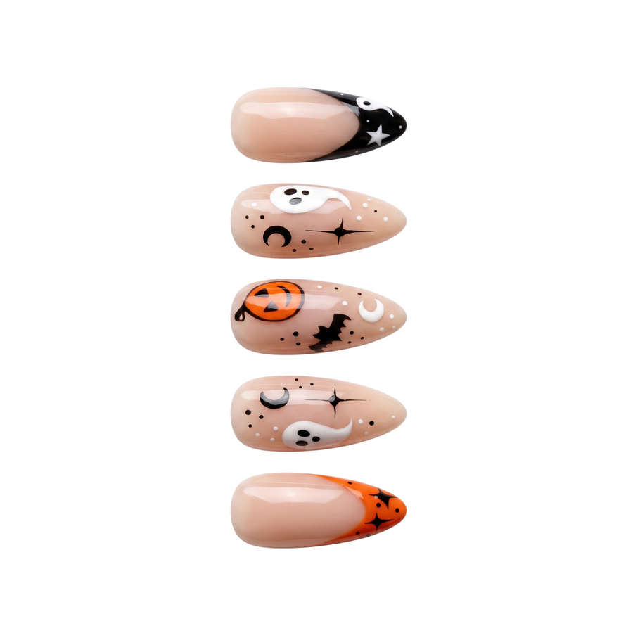 Almond Halloween Press On Nails with Cute Ghost Pumpkin & Bats Art | Spooky French Gothic Style | Reusable Nail Set - góc chụp 2