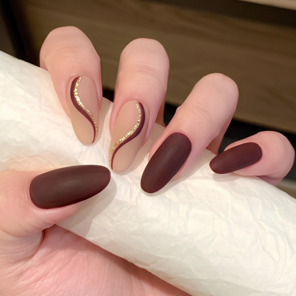 Matte Chocolate Brown Long Almond Press On Nails with Gold Glitter Swirls | Fall Autumn Minimalist Style | Reusable Nail Set