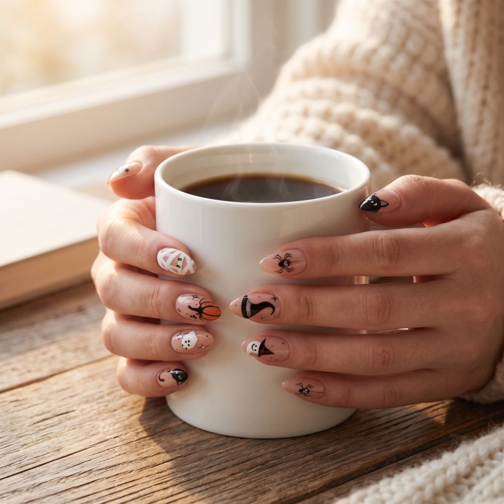 Press-on-nail Short Almond Kawaii Halloween Black Cat & Pumpkin Press On Nails | Cute Spooky Aesthetic | Reusable Nail Set 6