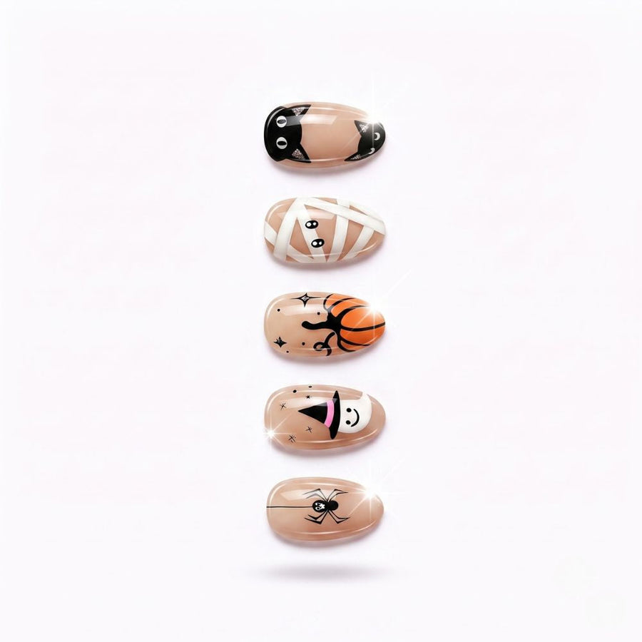 Short Almond Kawaii Halloween Black Cat & Pumpkin Press On Nails | Cute Spooky Aesthetic | Reusable Nail Set - góc chụp 3