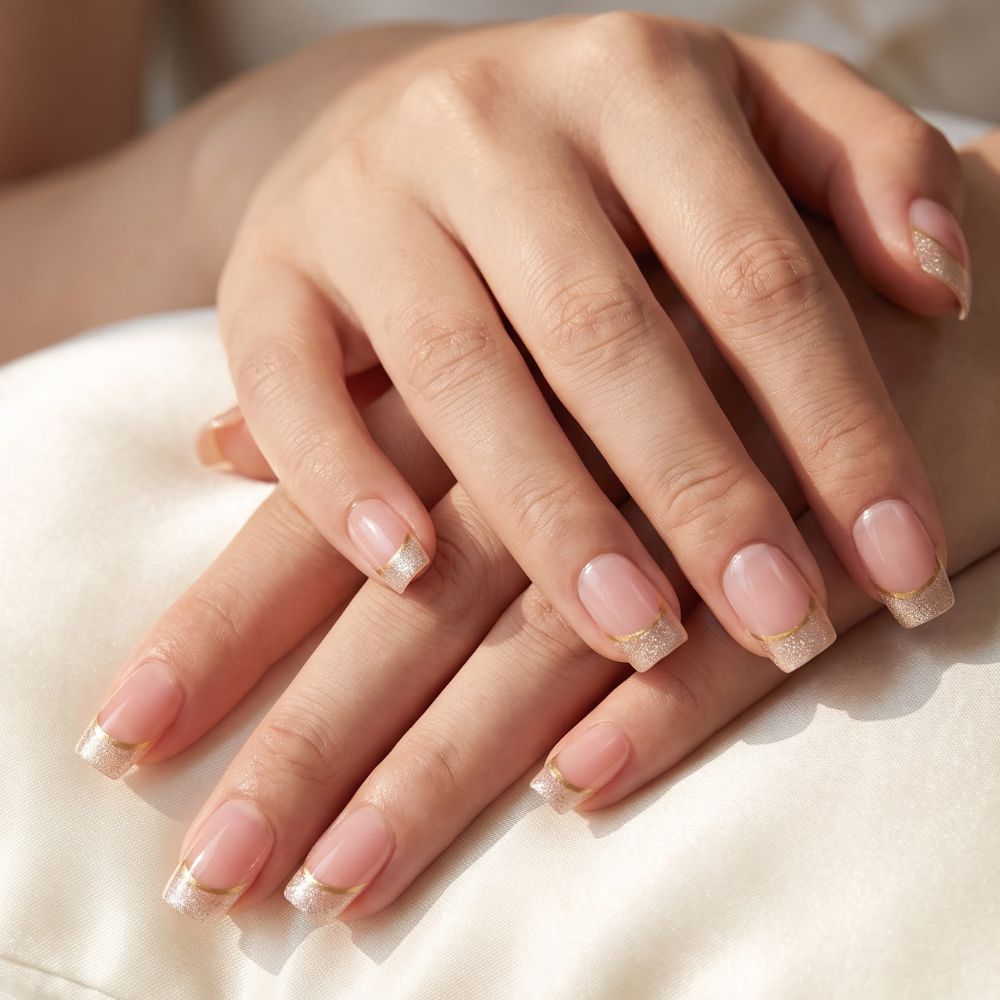 Press-on-nail Short Square Pink & Gold Glitter French Press On Nails | Elegant Minimalist Style | Reusable Nail Set 2