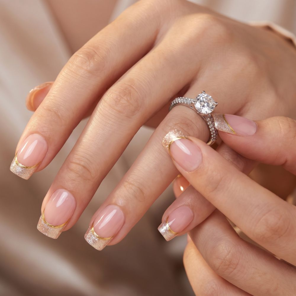 Press-on-nail Short Square Pink & Gold Glitter French Press On Nails | Elegant Minimalist Style | Reusable Nail Set 3
