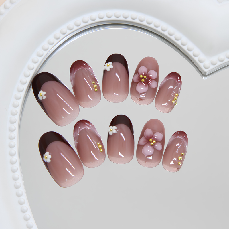 Red Brown Cat Eye Daisy Press On Nails | Elegant Floral Style | Reusable Nail Set