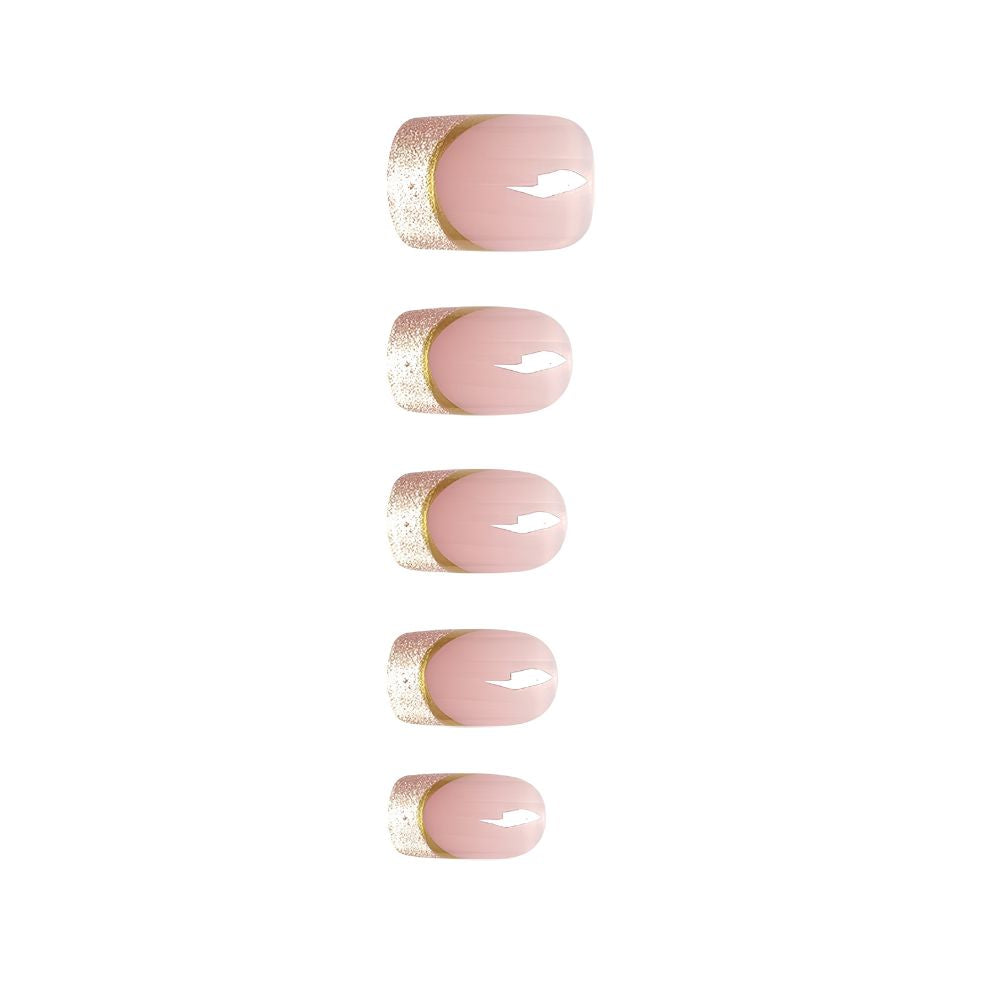 Press-on-nail Short Square Pink & Gold Glitter French Press On Nails | Elegant Minimalist Style | Reusable Nail Set 7